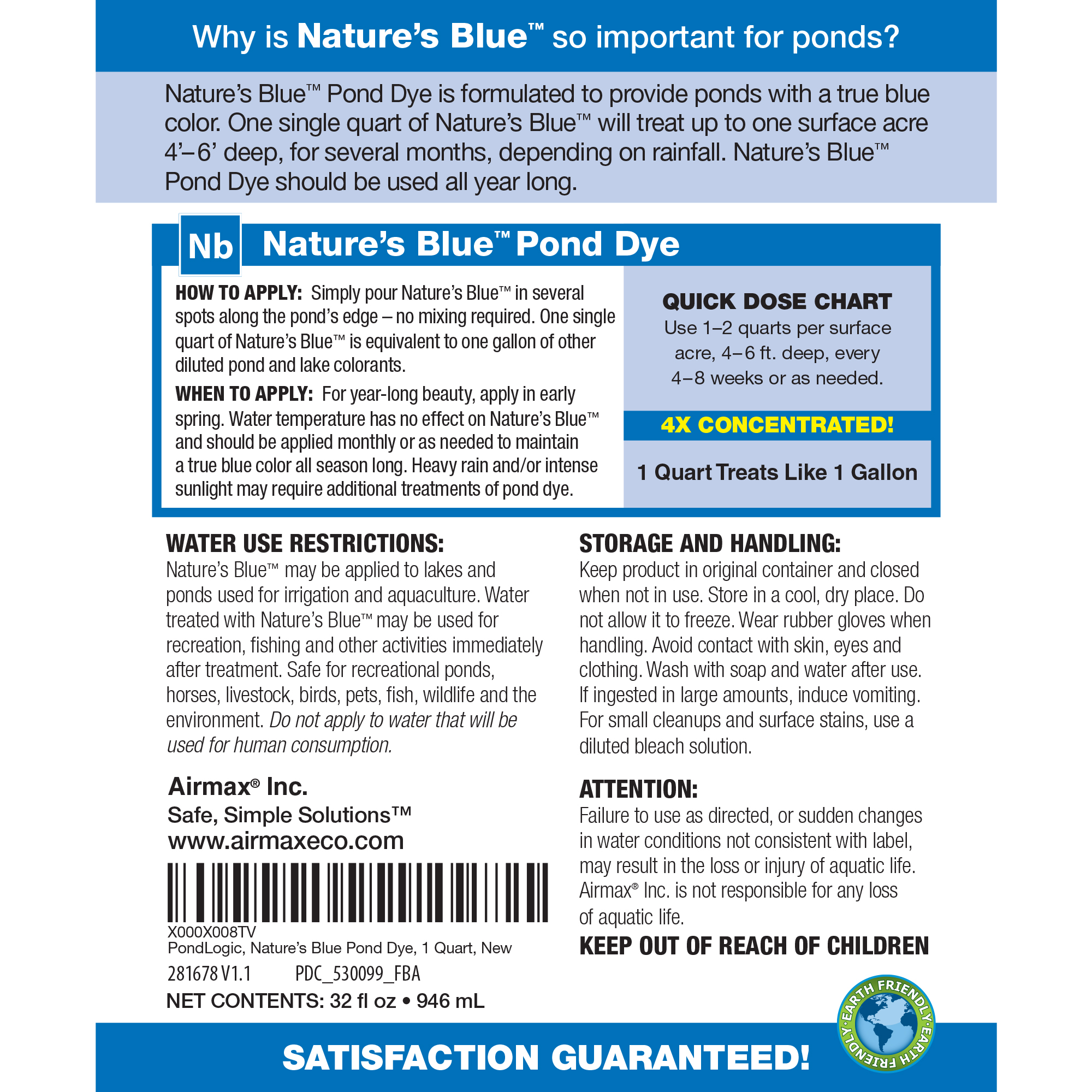 Airmax 4x Concentrated Pond Dye, Liquid Color, Safe for Recreation